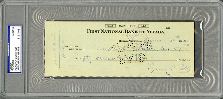1946 Ty Cobb Signed and Encapsulated Check (PSA/DNA Mint 9)